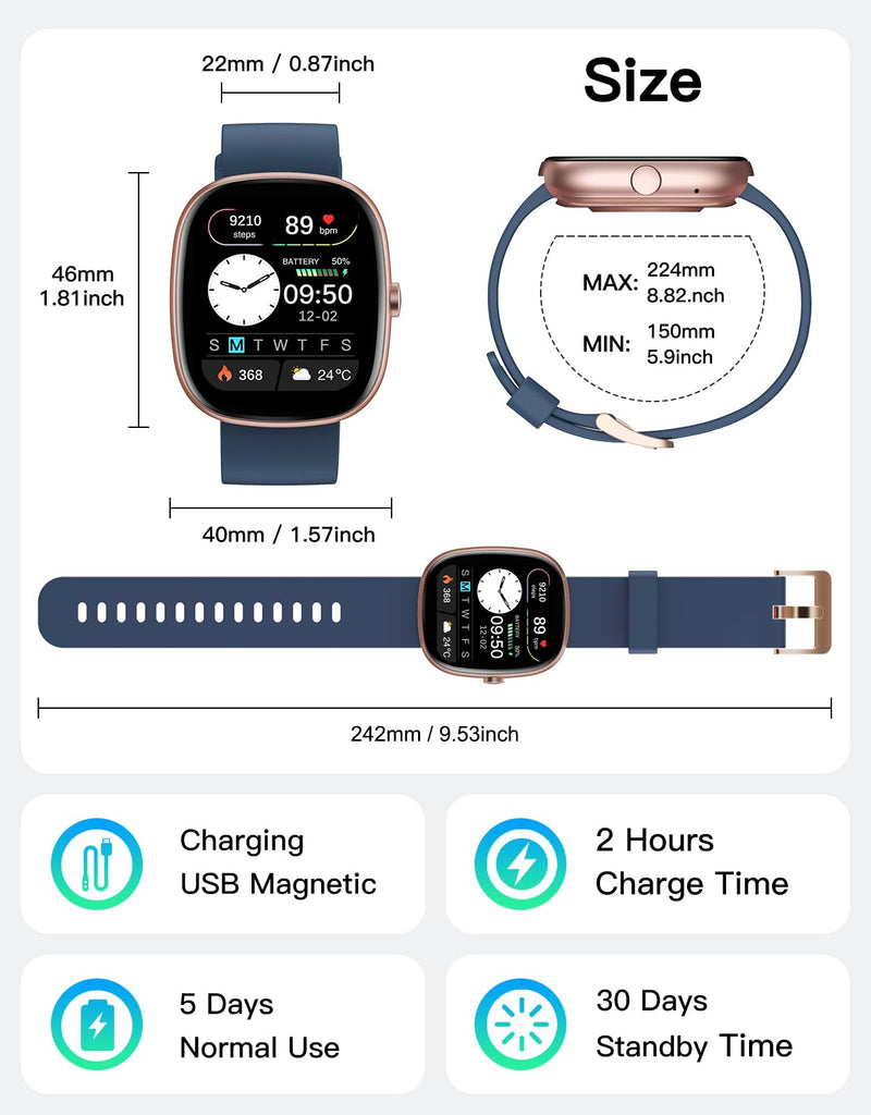 Fitness Tracker with Call Function, 1.85” Fitness Watch for Women and Men, 24/7 Heart Rate & Blood Oxygen Monitor, Sleep Tracker, 100+ Sport Modes, IP68 Waterproof (Blue)