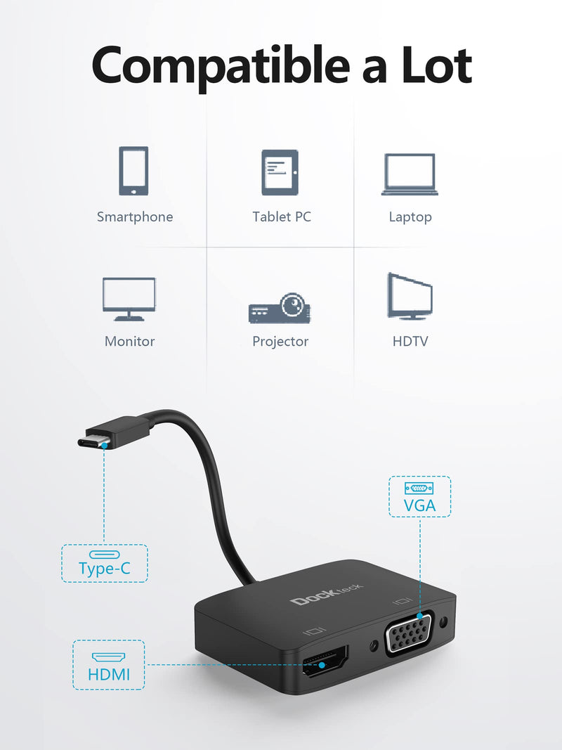 USB C Video Adapter, Type C HDMI VGA Adapter 4K@60Hz, USB C VGA Adapter 1080P, Dockteck USB-C VGA Splitter for MacBook Pro/Air, iPad Pro/Air, Chromebook, Surface Pro/Go, Dell Xps, Pixelbook, Galaxy Black-4K@60Hz