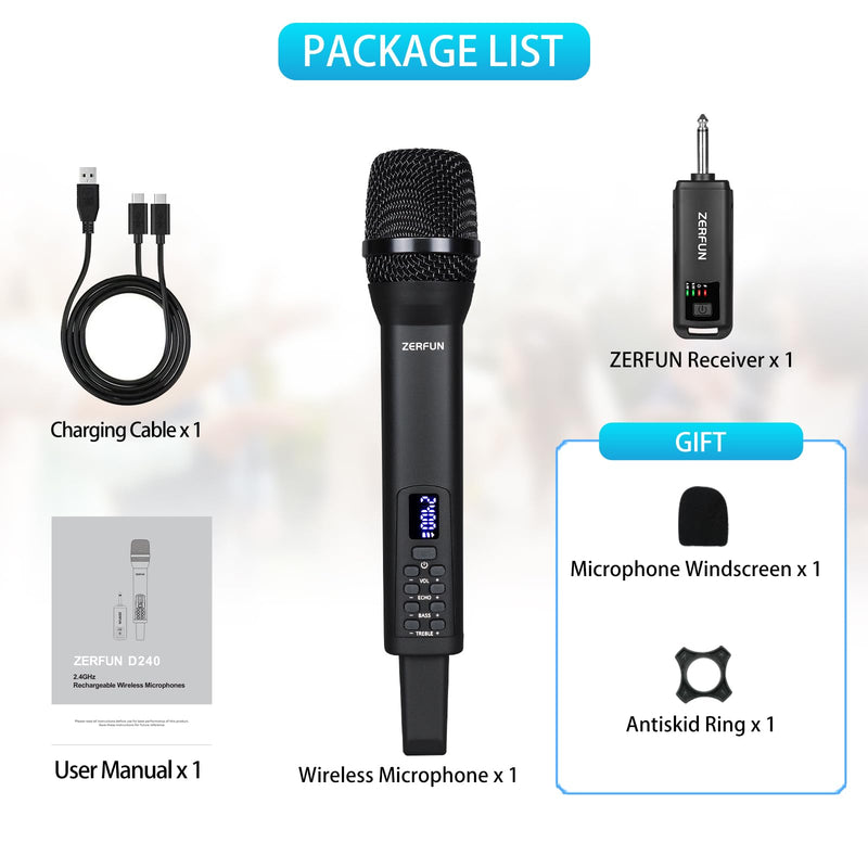 Rechargeable Wireless Microphone, Pro Handheld Cordless Mics System Dynamic with Echo Treble BASS VOL Control for Karaoke Singing Church Party, 1/4'' Output, D240, Black 1 Mic