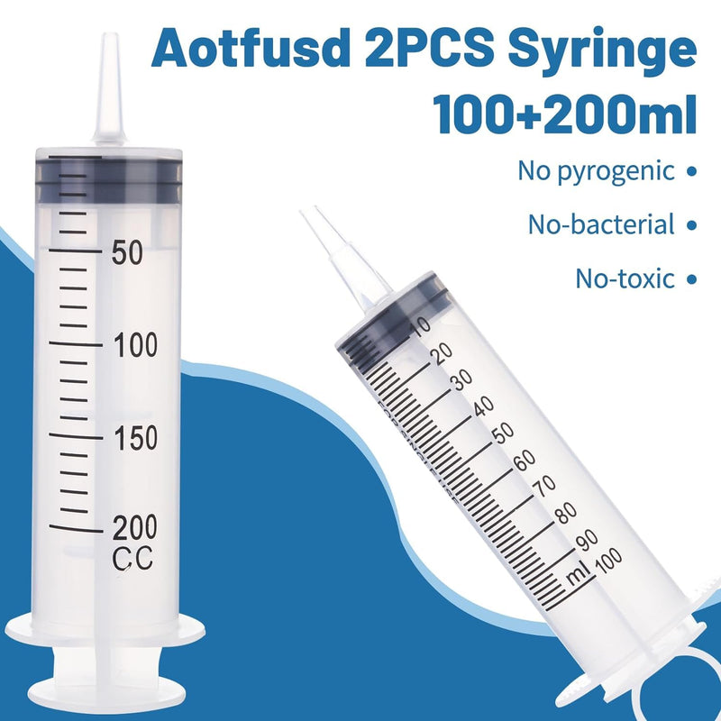 Aotfusd Pack of 2 Syringe 100 + 200 ml, Syringe with Hose and Blunt Needles, Oil Syringe, Dosing Syringe, Measuring Liquids, Plant Watering, Animal Feeding, Scientific Laboratories (160, g)