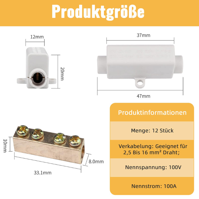 Xerteam 12 Pairs of Wire Connectors, Butt Connectors Made of Brass Double Screws Suitable for 2.5 to 16 mm² Wire, ABS Housing High Performance Connection Clamp (1000 V 100 A)