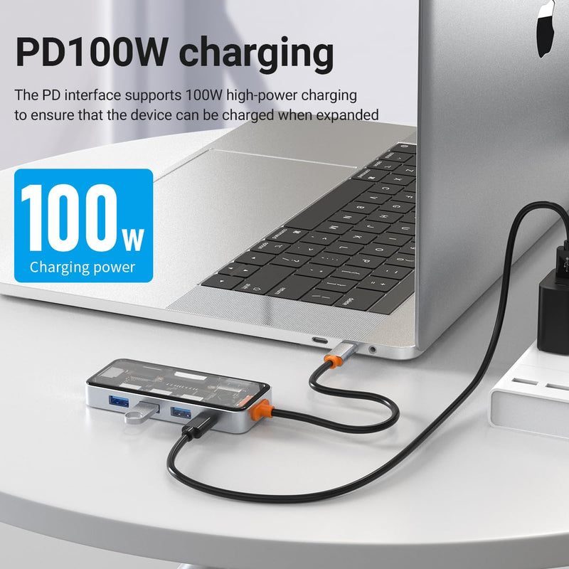 DroiX NT8 Clear USB Hub with Ultra-Fast RJ45 Gigabit Ethernet, 4K HDMI 2.0 Output, Rapid 100W PD Charging, Versatile 3X USB Type-A 3.0 Ports, Dual Micro/SD Card Readers, Sleek Design.