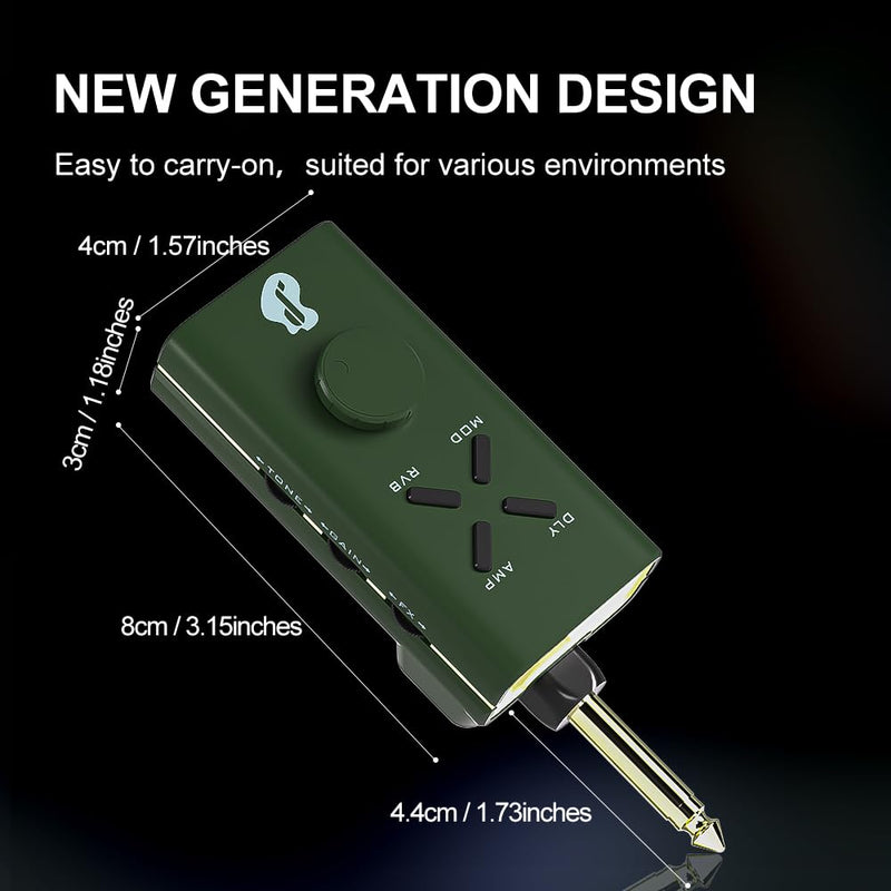 Guitar Headphone Amp, Mini Guitar Headphone Amplifier USB Rechargable Plug-in Portable Pocket Guitar Amplifier with 24 Multi-Effects Clean Overdrive Distortion Modulation Delay and Reverb Green