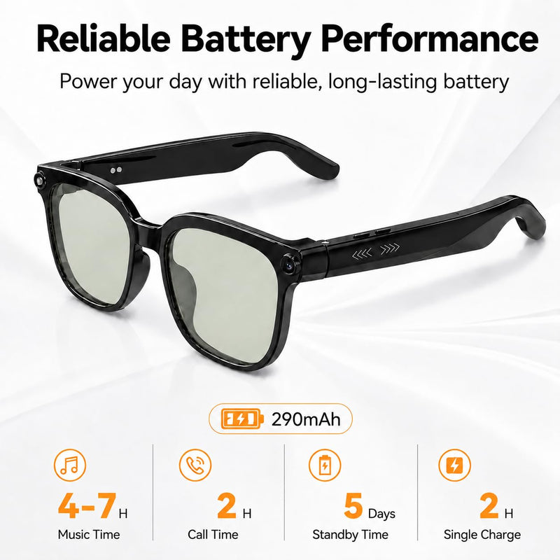AI Smart Glasses with Photochromic Lenses, 8MP HD Camera, Bluetooth Audio | AI Translation Support; Open-Ear Audio; Dual ENC Microphones; Lightweight TR90 Frame; 290mAh Battery; Office Travel Use; Call Clear Lens