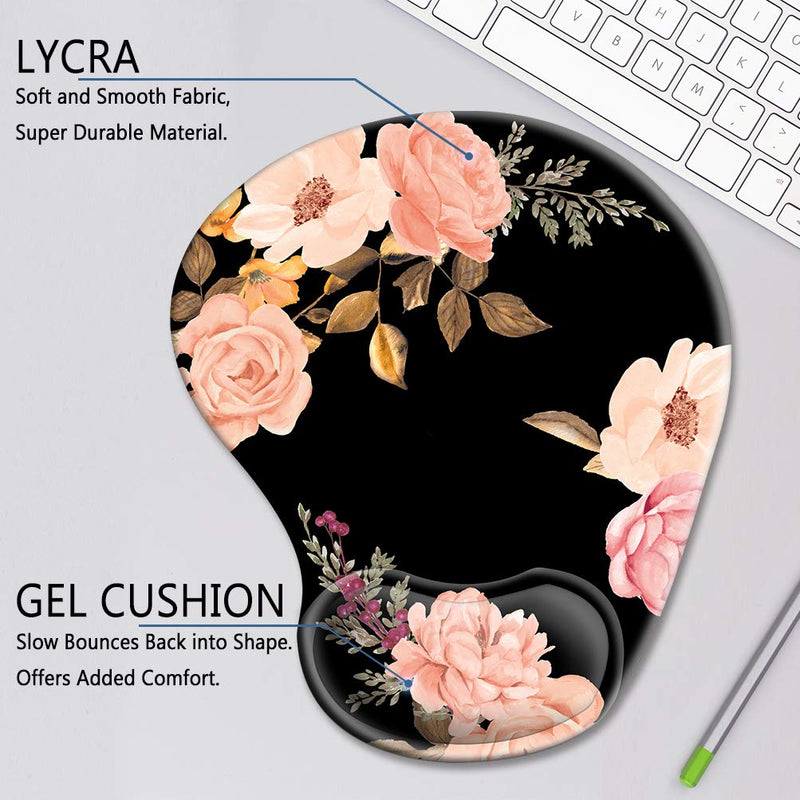 Ergonomic Mouse Pad with Gel Wrist Rest Support, HOMKUMY Cute Mouse Pads with Non-Slip Rubber Base Wrist Rest Pad for Home, Office & Travel Easy Typing & Pain Relief, Peony Black