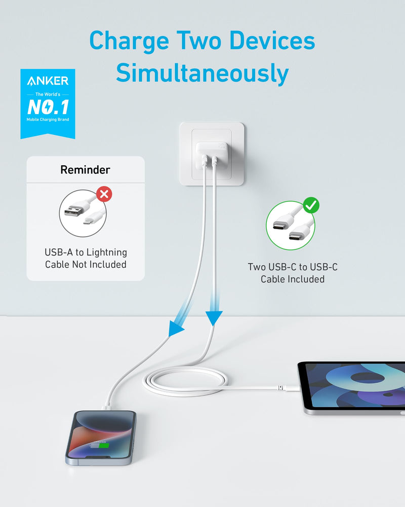 Anker iPhone 15 Charger, Anker USB C Charger Block, 2-Pack 20W Fast Wall Charger for 15/15 Pro/Pro Max/iPad Pro and More, with 2 Pack 5 ft USB-C Cable 2pack&2cable White 1