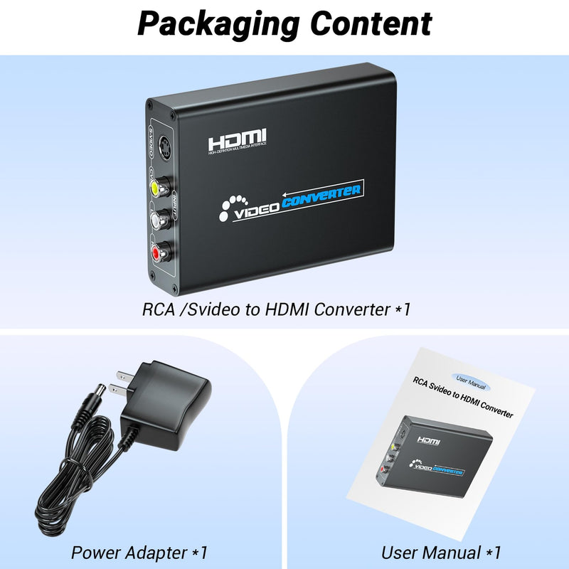 RCA Svideo to HDMI Converter with RCA and Svideo Cables, AV Svideo HDMI Adapter, Composite AV RCA to HDMI Converter for PS1/PS2/Wii/NGC/DVD/VHS/VCR