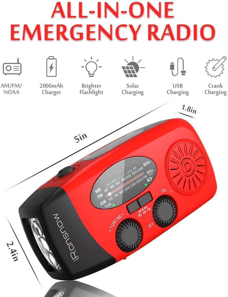 Solar Emergency Hand Crank Weather Radio, Portable Self Powered NOAA AM/FM Radios with SOS Alarm LED Flashlight 2000mAh Power Bank Smart Phone USB Charger for Camping (Red) IR088 Red