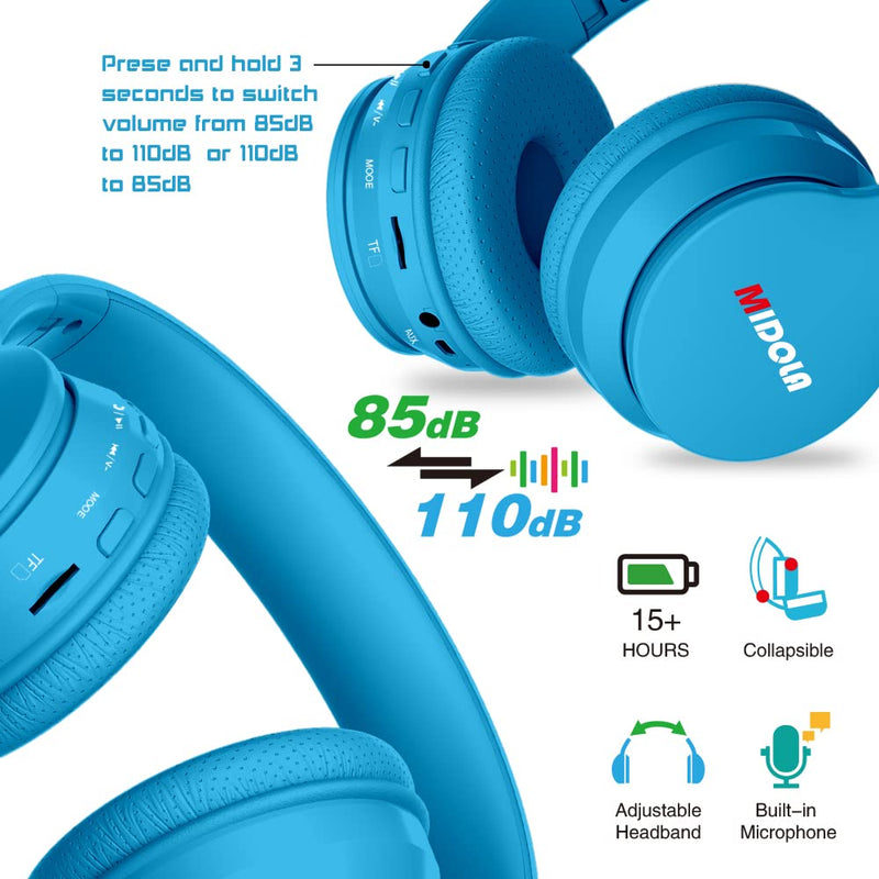 Headphones Bluetooth Wireless Kids Volume Limit 85dB /110dB Over Ear Foldable Noise Protection Headset/Wired Inline AUX Cord Mic for Children Boy Girl Travel School Phone Pad Tablet PC Blue