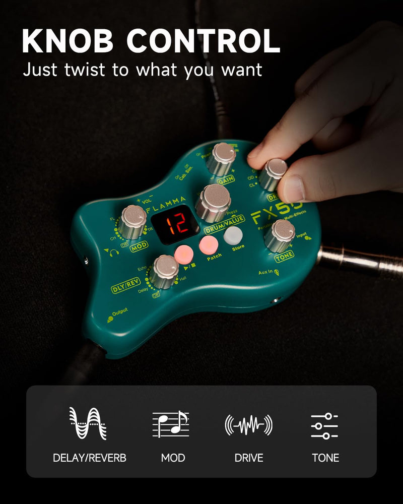 FLAMMA FX50 Practice Guitar Pedal Multi Effects Pedal Mini Portable with 40 Drum Rhythms15 Effects 32 Patches Tuner Function Support Both Corded and Battery Powered FX50 Green
