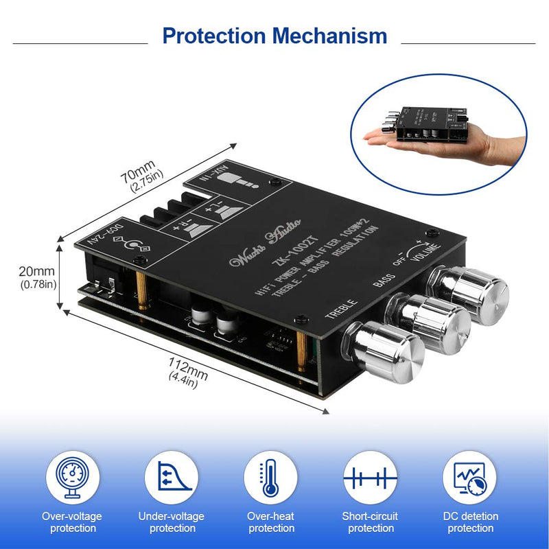 ZK-1002T Bluetooth 5.0 Amplifier Board 2.0 200W HiFi Subwoofer Audio AMP with Treble and Bass Control BT and AUX Inputs, DC 9-24V 2.0 Channel Stereo AMP Module for DIY Speakers, Password Free Black3 ZK-1002T