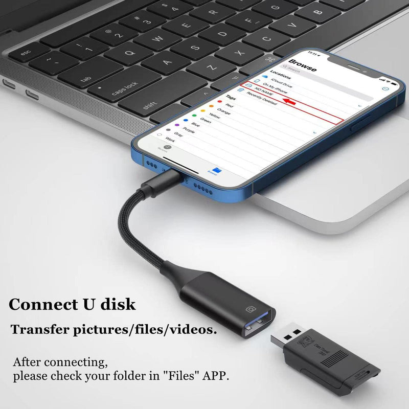 IVSHOWCO USB Camera Adapter for iPhone, USB OTG Cable Adapter for iPad Supports USB Flash Drive, Card Reader, Mouse, Keyboard, MIDI... Black
