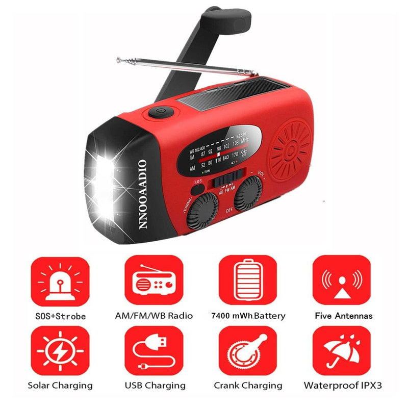 2000mAh SOS Alarm Emergency AM FM Weather Radio, 3LED Type-C Hand Crank Solar Battery Operated Portable Wind Up Radio Flashlight, Cell Phone Charger Survival Kit (Red)