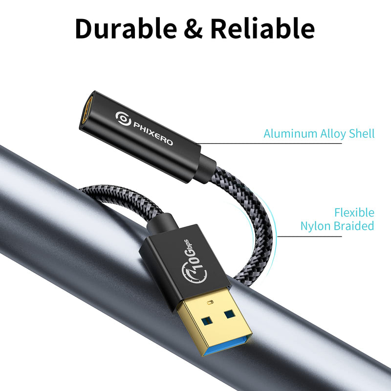 [10Gbps] USB C Female to USB Male Adapter 3.1 Gen 2 (1 Ft), PHIXERO 3A Fast Charging USB A to USB C Adapter with 10Gbps Data Transfer and Charging for Laptop, PC, Flash Disk, Quest Link, Charger 1ft