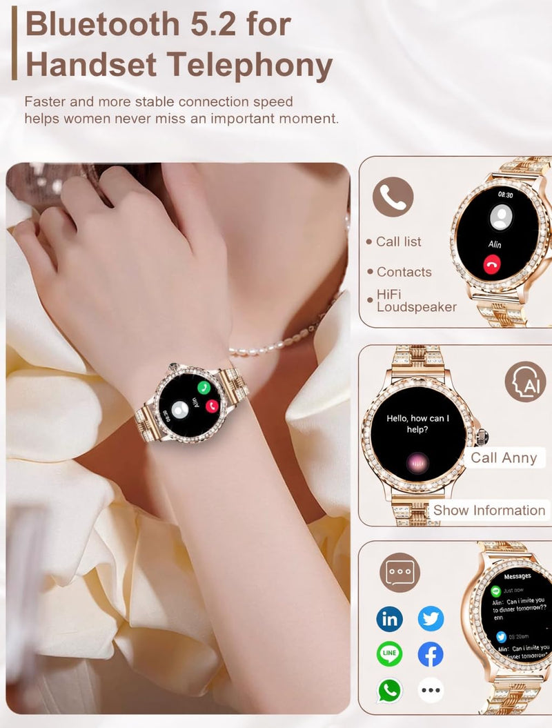Smart Watches for Women(Make/Answer Call) with Diamond:1.3" Fitness Tracker Watch for HR/Blood Pressure/SpO2/Sleep Monitor,Digital Running Watches for Women Android/iOS, 2 Straps Elegant Rosegold