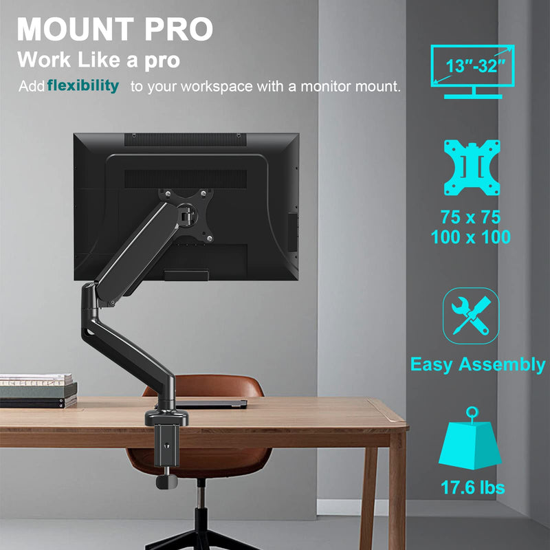 MOUNT PRO Single Monitor Desk Mount - Articulating Gas Spring Monitor Arm, with VESA Extension Bracket Adapter,Fits Most 13 to 35-inch Screens,VESA 200×100,200×200
