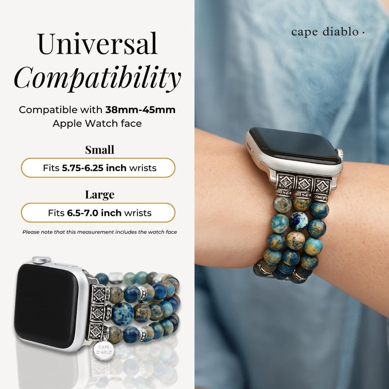 Cape Diablo Smart Watch Band for Women - Handmade Gemstone Strap - Compatible with 38mm-45mm Apple Faces Blue Imperial Jasper Small - Fits 5.75-6.25 inch wrists