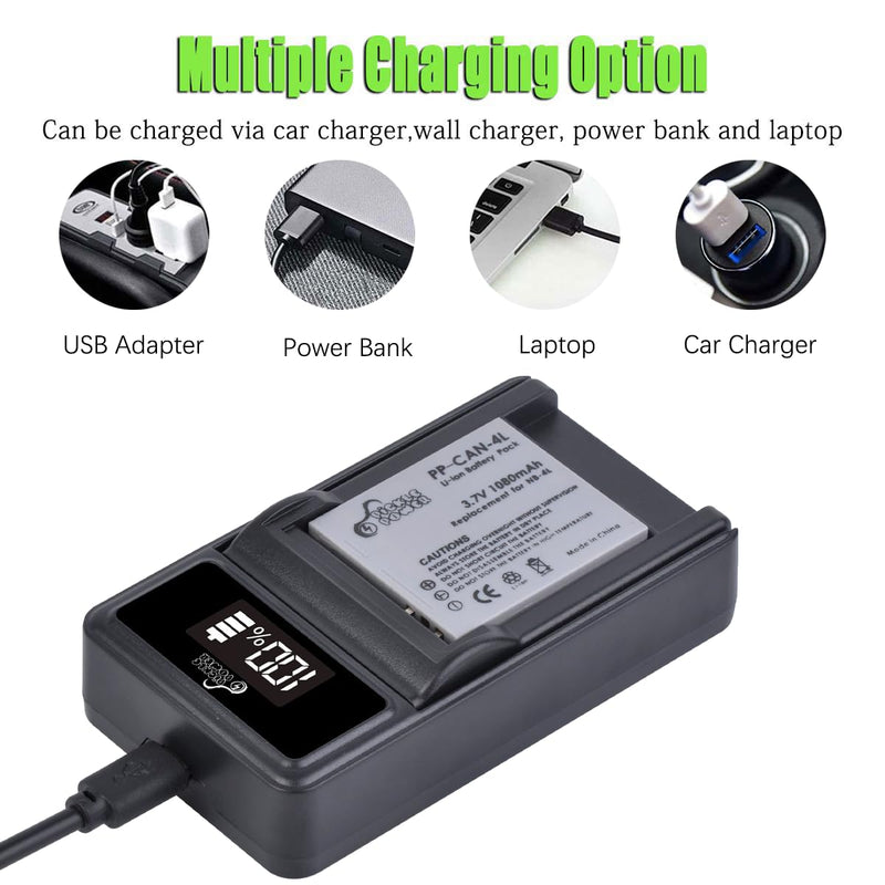 Pickle Power NB-4L Battery and LED Display Charger for Canon PowerShot ELPH 100 HS 300 HS 330 HS 310 HS SD1000 SD1100 is SD1400 is SD200 SD30 SD300 SD40 SD400 SD600 SD750 2 battery +LED display charger