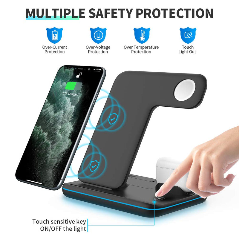 WAITIEE Wireless Charger 3 in 1, 15W Fast Charging Station for Apple iWatch SE/6/5/4/3/2/1,AirPods Pro, Compatible with iPhone 13/12/12 Pro Max/11 Series/XS Max/XR/XS/X/8/8 Plus/Samsung Galaxy (Black) Black