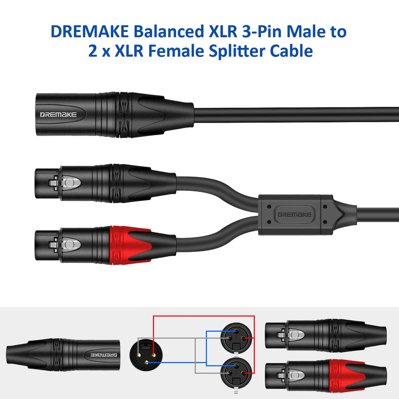 DREMAKE Balanced XLR Microphone Y Splitter Audio Cable, XLR Male to Dual XLR Female Y Cord, 3-Pin XLR Male to Double XLR Female Mic Adapter Converter Cable 6 Feet 2 Female to 1 Male XLR Plug