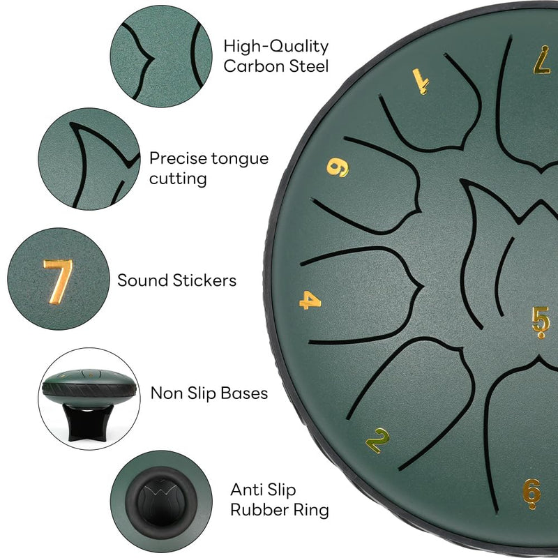 VIGIamy Rain Drum for Outside,Steel Tongue Drum 11 Notes 6 Inches,Chakra Chime Drum for Rain,Musical Percussion Instrument Tongue Drum,Meditation Yoga Zen Musical Education Stone Green