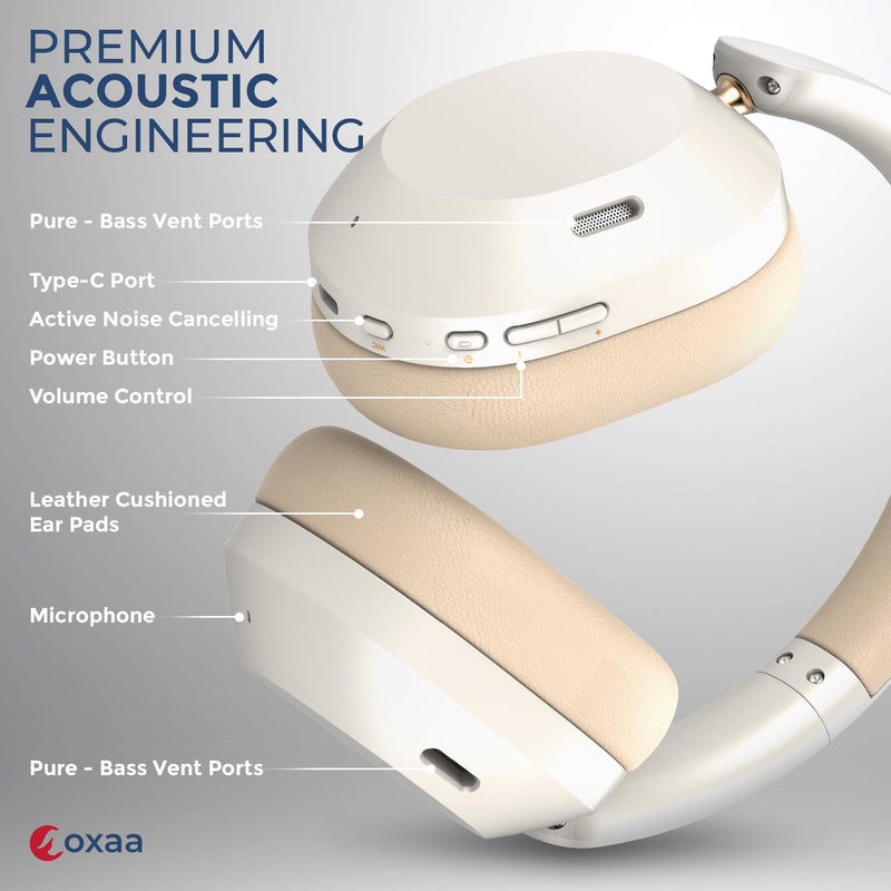 Headphones Wireless Headset with Deep Bass, 43dB Active Noise Cancelling Headphones for Adults, Wireless Headphones with 70H Battery, Fast Charging, Low-Latency Audio, Over-Ear Design (Beige)