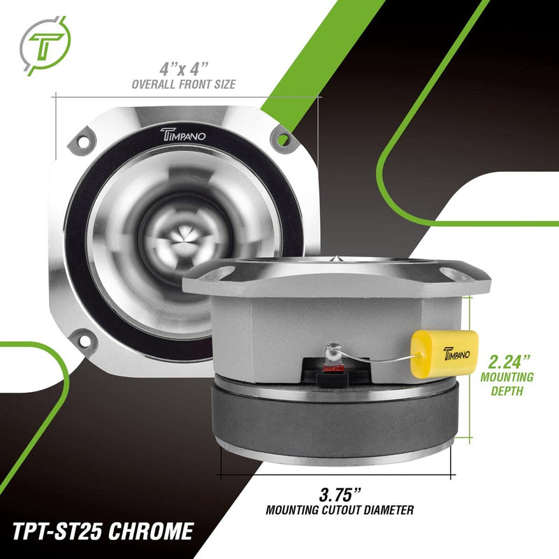 Timpano Super Tweeter 4 Inch TPT-ST25 Chrome, 8 Ohm, 900 Watts Max, 107 dB, 1.5 in Voice Coil, HIgh Sensitivity, Slim Profile Bullet Tweeters Speakers for Pro Audio (Pair)