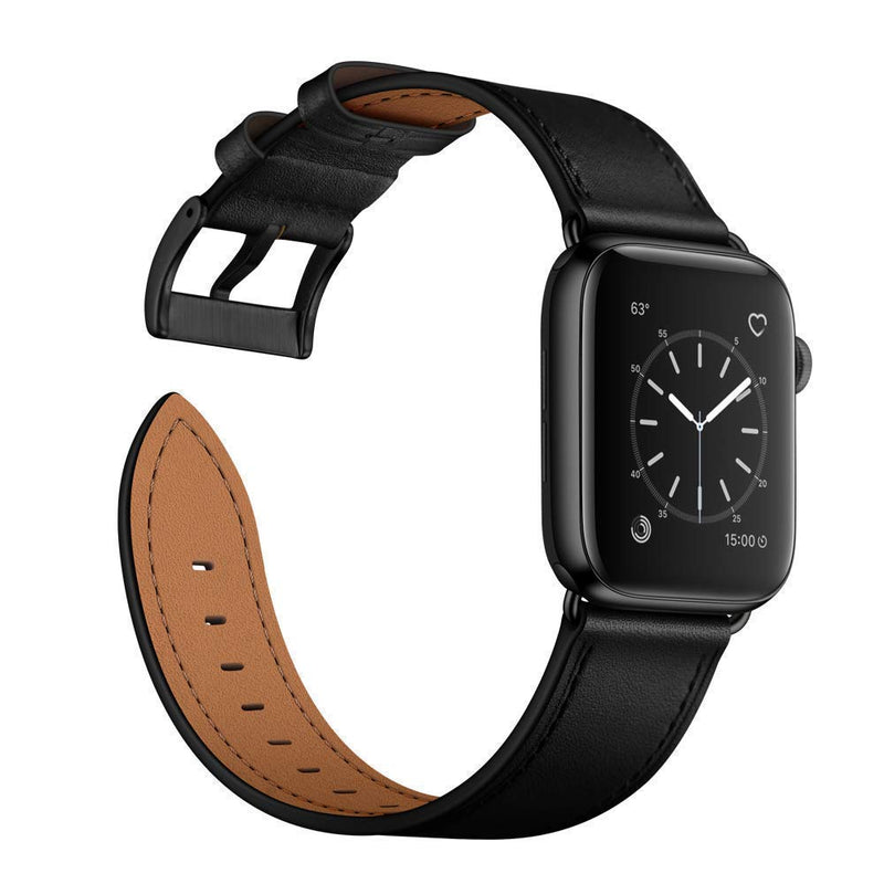 OUHENG Compatible with Apple Watch Band Genuine Leather Replacement Strap 41mm 40mm 38mm Black & Beige