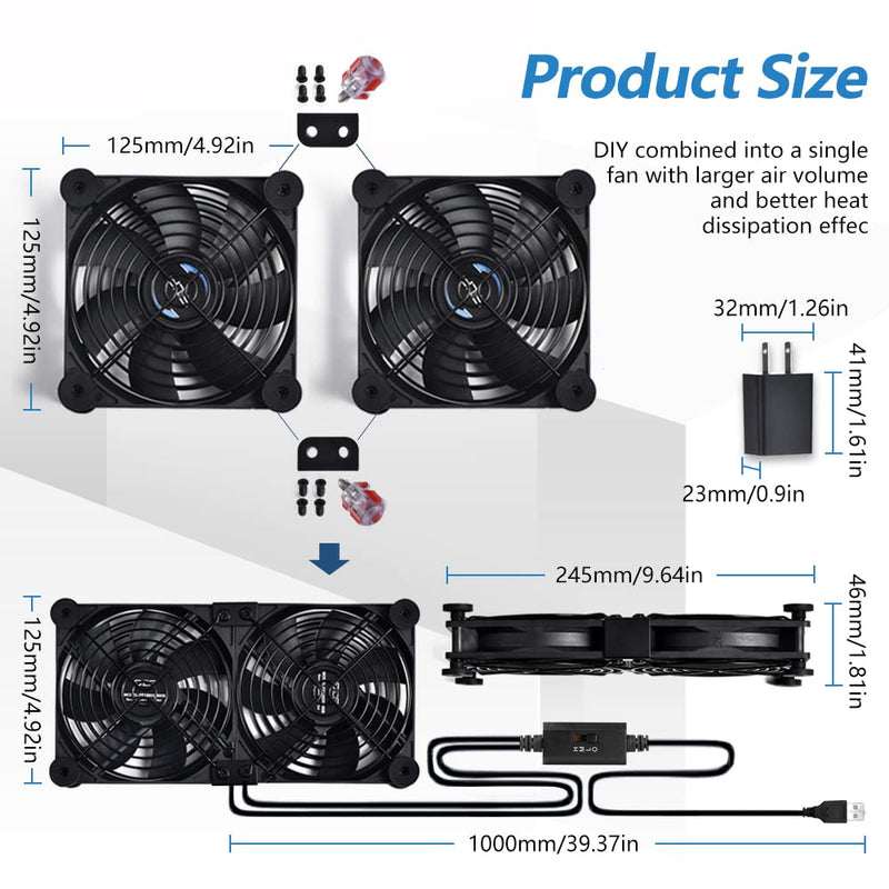 SCCCF USB Dual 120mm Control Fan, 5V Portable Cooling Fan for Flat-Screen TV Receiver Router DVR Playstation Xbox Computer Cabinet Cooler 120MM Dual