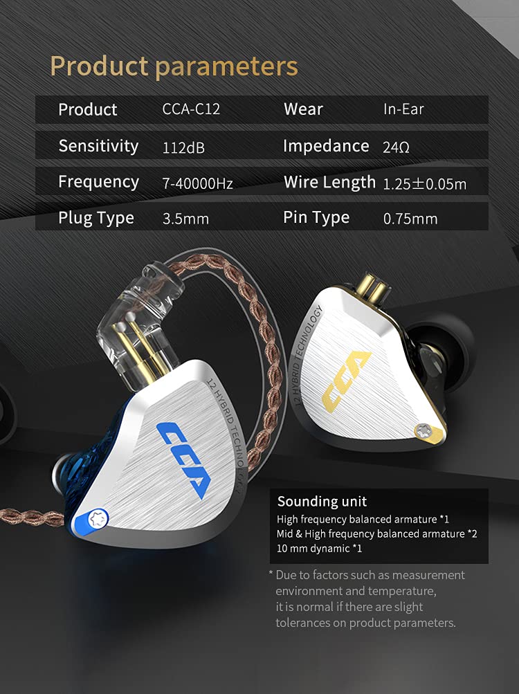 CCA C12 in Ear Monitor Headphones 5BA 1DD Hybrid HiFi IEM Earphones Noise Isolating Stereo Wired Earbuds for Musicians Audiophile Singers DJ no mic Gold