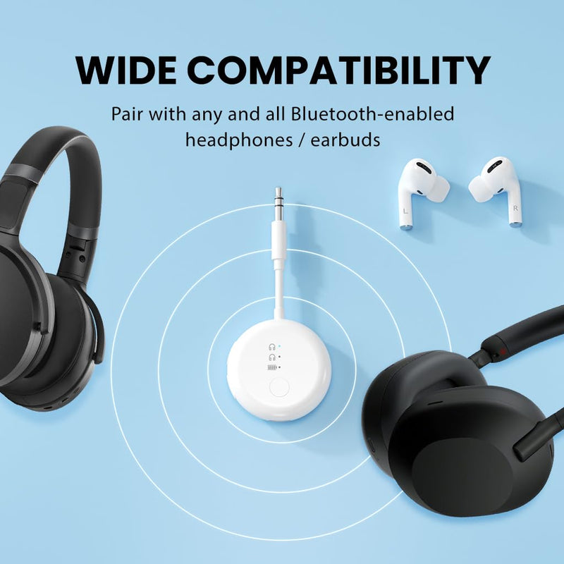 Avantree SoundJet R1 [2025 New] - Airplane Bluetooth 5.3 Adapter for up to 2 AirPods or Headphones with Low Latency and 20hr Playtime, Wireless Audio Transmitter for Flights, Travel, Gym, TV, Tablet White - With Dual Adapter