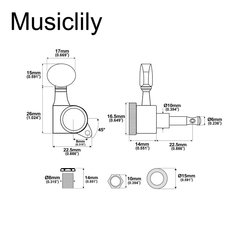 Musiclily Pro 6-in-line 18:1 Ratio Full Sealed Locking Machine Heads Tuners Tuning Pegs Keys with Vintage Oval Button 45 Degree Screw for Strat Tele Style Electric Guitar, Black