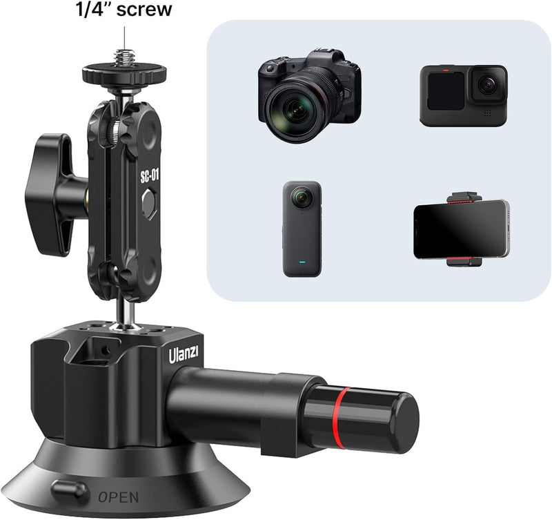 [AUSTRALIA] - UURig SC-01 Suction Mount 3" for Vlogging Action Camera Car w Smartphone Clamp Compatible with DJI OSMO Pocket 3/OSMO 360/Insta 360 x5/Xtra/iPhone 17 16 15 14Pro Max, 1/4" Magic Arm Windshield Window 3" SC-01 Suction Mount 