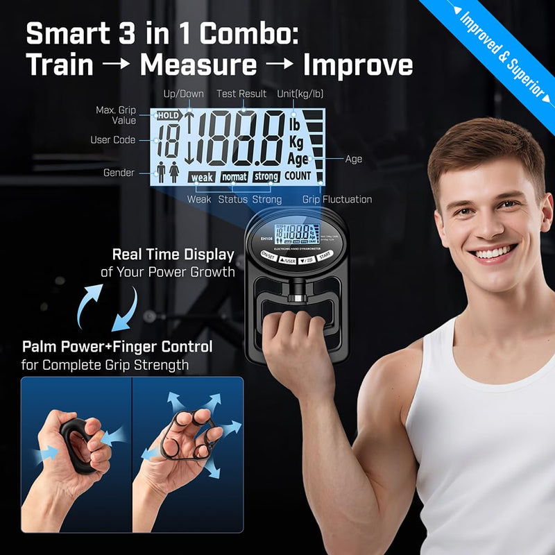 [AUSTRALIA] - Hand Grip Strength Tester Trainer - Electronic Hand Dynamometer Forearm Grip Strengthener Exerciser Digital Training Gauge 265 Lbs 120 Kgs for Sport Home School Use black 