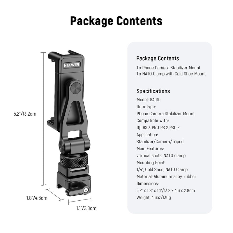 NEEWER Metal Phone Tripod Mount with Cold Shoe NATO Clamp Compatible with DJI RS5 RS4 RS3 Pro RS2 RSC2 Gimbal Stabilizer, 180° Tilt Phone Clip Holder Compatible with iPhone 15 Pro Camera Cage, GA010 GA010 with Nato Clamp