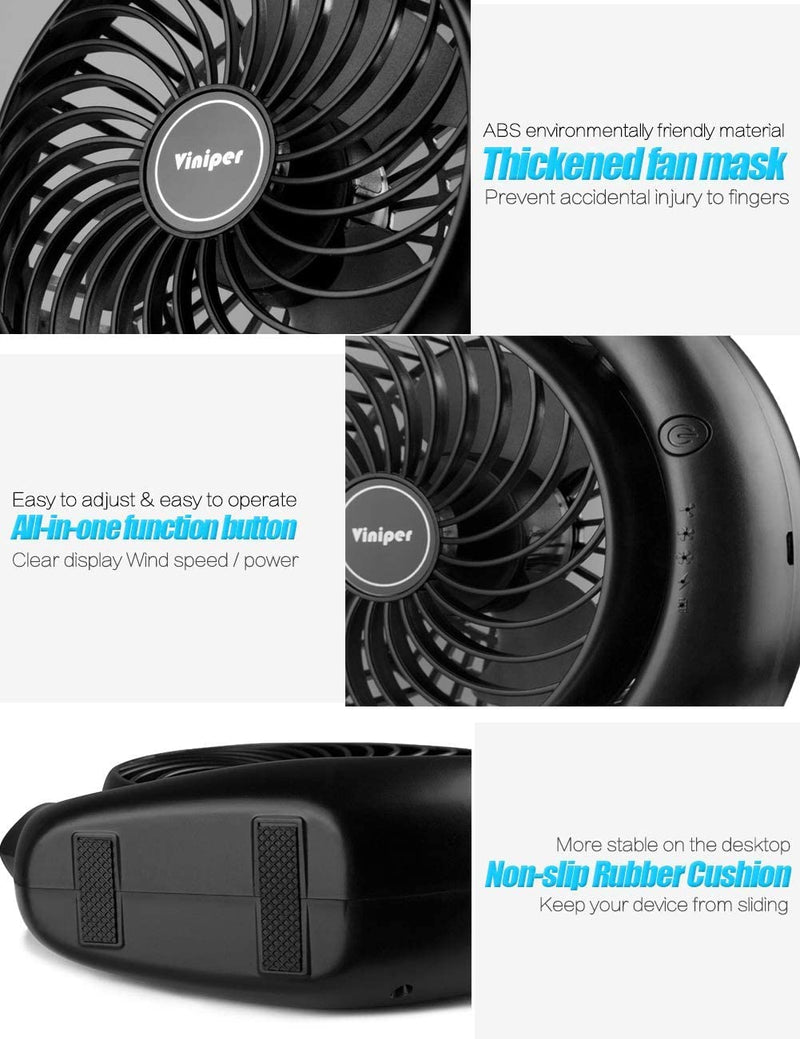 viniper Portable Rechargeable Fan, Small Desk Fan : 3 Speeds & 8-24 Hours Longer Working, 180° Rotation, Portable USB Battery Fan for Office/Home (Black-Blue) 6.2 inch Black blue