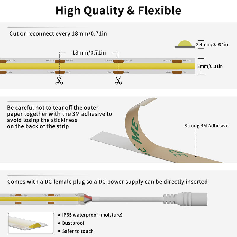 [AUSTRALIA] - PAUTIX COB LED Strip Light 12V Warm White 3000K Waterproof IP65 18Ft CRI90+ Flexible LED Tape Lights for Cabinet Engineering Home DIY Lighting Project with 8mm Connector(Power Supply Not Included) 3000k/IP65 Waterproof 