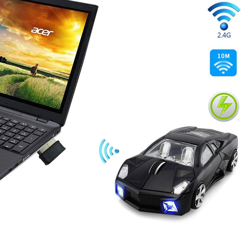 jinfili 2.4GHz Sports Car Wireless Mouse Optical Cool 1600DPI 3D USB Wireless Gaming Mice for Pc Laptop Windows 10 Black