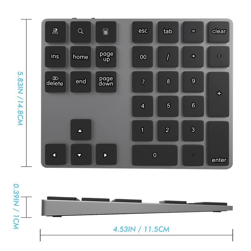 Bluetooth Numeric Keypad, Foloda Aluminum Rechargeable 34-Keys Wireless Number Pad External 10 Keys Numpad Data Entry Compatible for Laptop MacBook Mac Windows