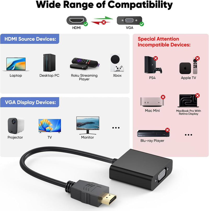 HDMI to VGA Adapter 30-Pack, Uni-Directional Gold-Plated HDMI Male to VGA Female Bulk for Monitor, Projector, HDTV, Laptop, Computer, Desktop, Chromebook, Roku, Xbox and More Black