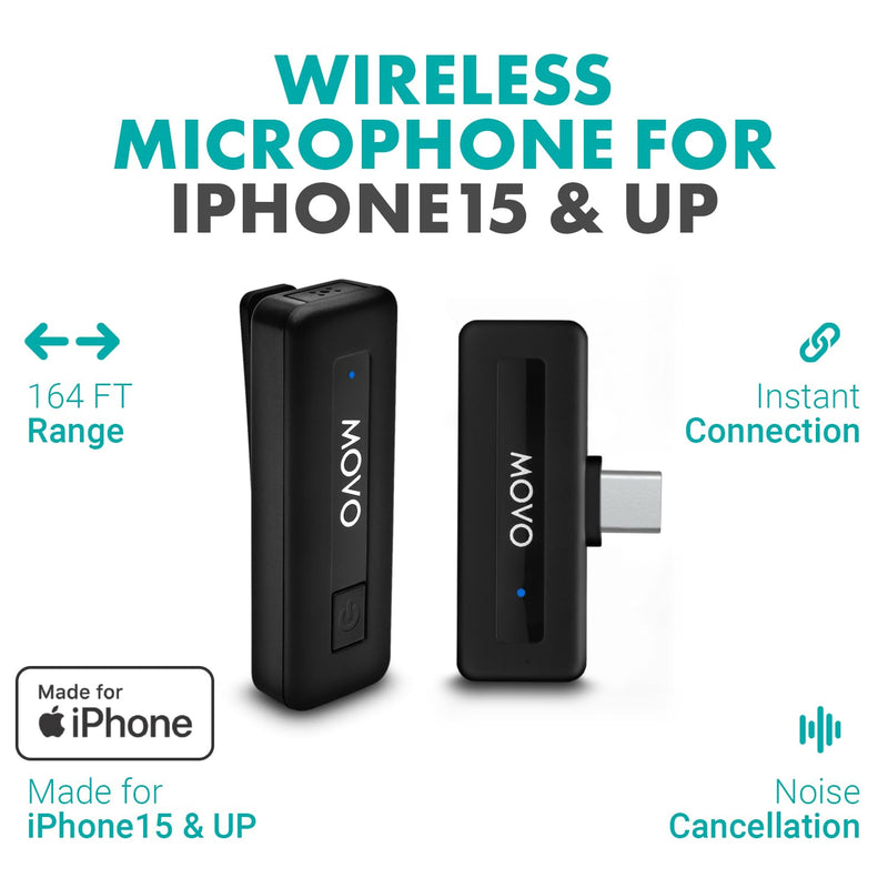 Movo Wireless Mini USB-C Wireless Microphone for iPhone 15/16/17 - Microphone Compatible with Pro Max - 10HR Battery Life, 164ft Range 1 Transmitter