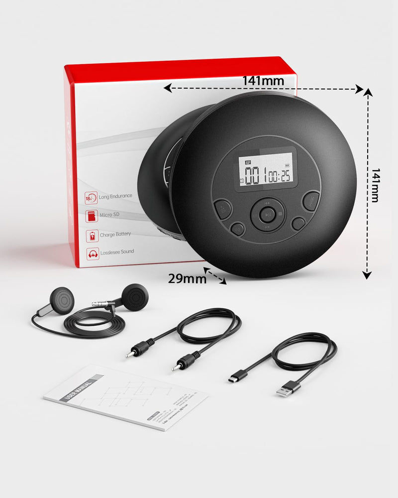 Portable CD Player for Home & Car-Rechargeable Discman CD Player with Anti-Skip, Large Backlit Screen, AUX Cable and Headphones, Supports CD/MP3/WMA/TF Card Black