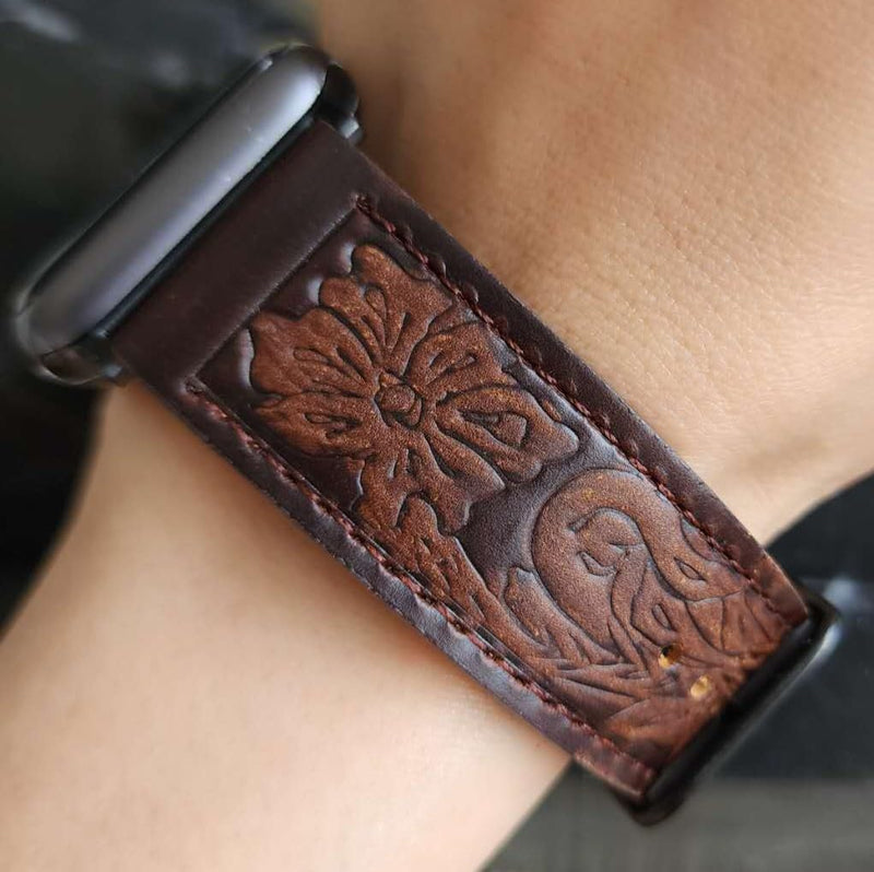 Tooled Leather Band Compatible with Apple Watch Ultra 3 2 1 & Series 11/10/9-3 SE, 3D Floral Western Strap for Men Women Antique Walnut / Black 44/45/46/49mm Ultra/42mm(S 1/2/3)