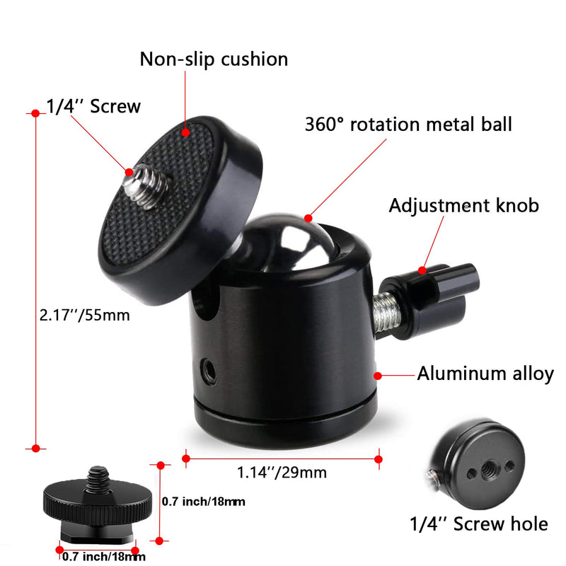 Universal 1/4" Swivel Mini Ball Head Screw Tripod Mount with Hot Shoe（2 Pack）, Eszkozta 360 Degree Rotating Mount Base Adapter for DSLR Cameras HTC Vive Tripods Monopods Camcorder Light Stand… Black-Black-with Hot Shoe