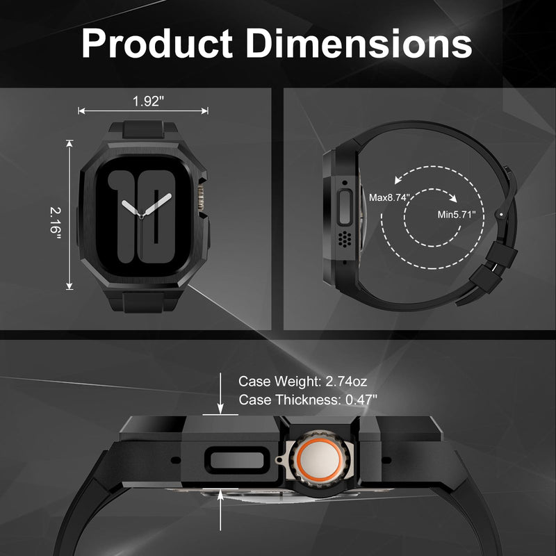 Luxury Metal Case with FKM Band for Apple Watch Ultra 3/2/1 49mm & 44-46mm | Stainless Steel Rugged Case,Soft Fluoroelastomer Strap,Classic Men Design for Business/Sports/Leisure,Skin-Friendly & Durable Black