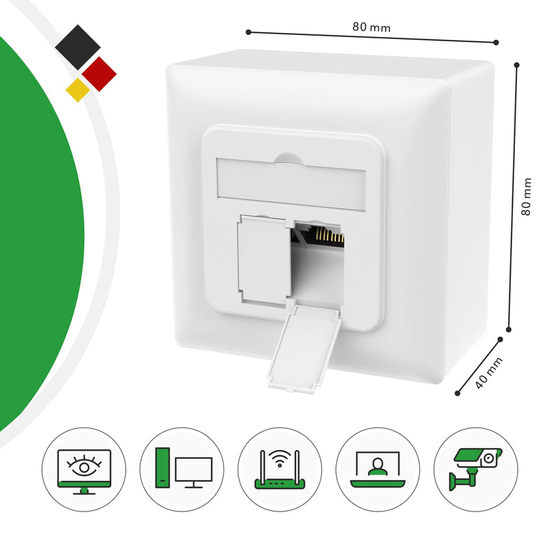 RedStar24 Cat6A Universal Network Socket with 2x RJ45 Ports - 10 Gbit/s Shielded LAN Socket for Surface-Mounted and Flush-Mounted, Compatible with CAT7/CAT6/CAT5, POE Enabled, Signal White, Complies 1 Stück