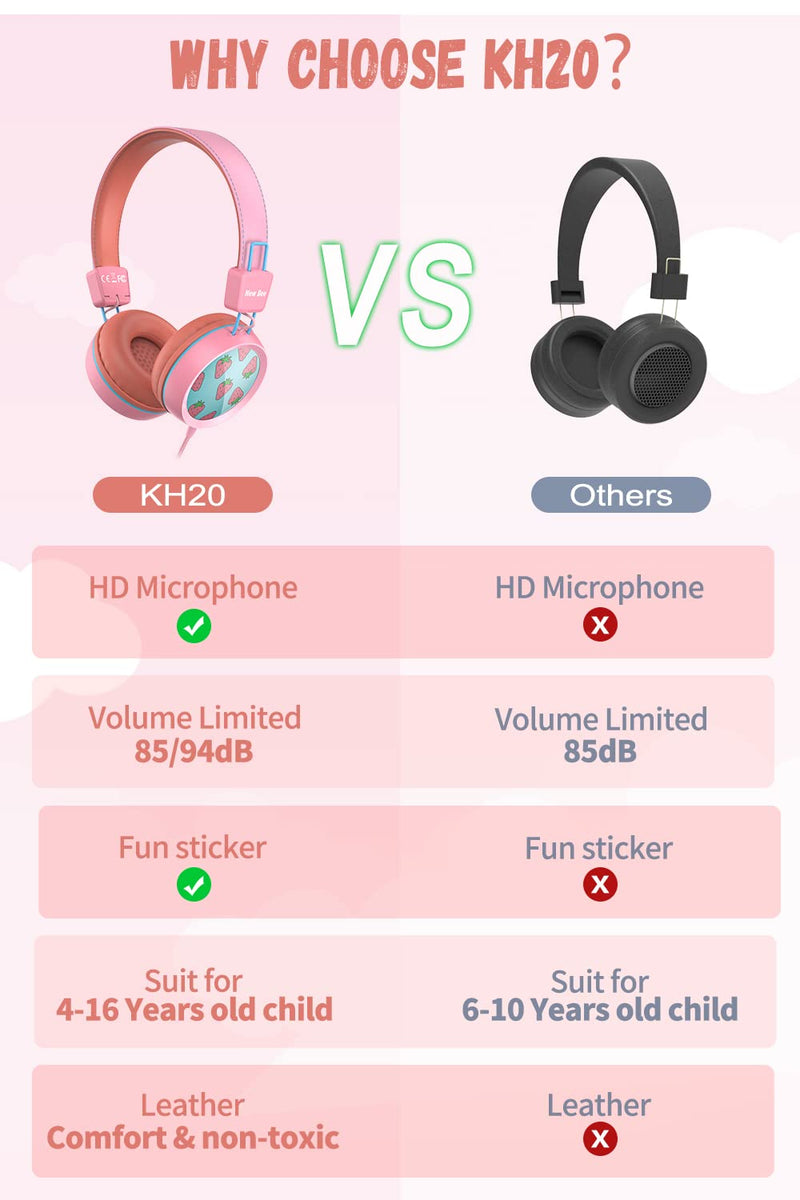 Kids Headphones for School with Microphone New bee KH20 HD Stereo Safe Volume Limited 85dB/94dB Foldable Lightweight On-Ear Headphone for PC/Mac/Android/Kindle/Tablet/Pad (Pink) Pink