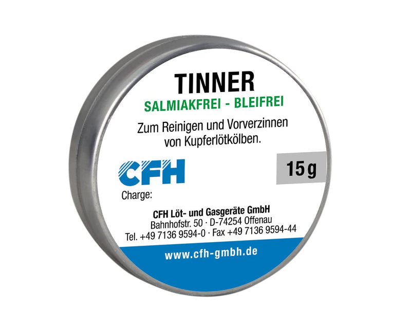 CFH Tinner TI 228 Tinning and Cleaning Agent for Lead-Free Soldering Tips, Salmiac and Lead-Free, Increases Service Life, Sn97Cu3, 15 g Tin with Adhesive Pad, According to DIN EN ISO 9453