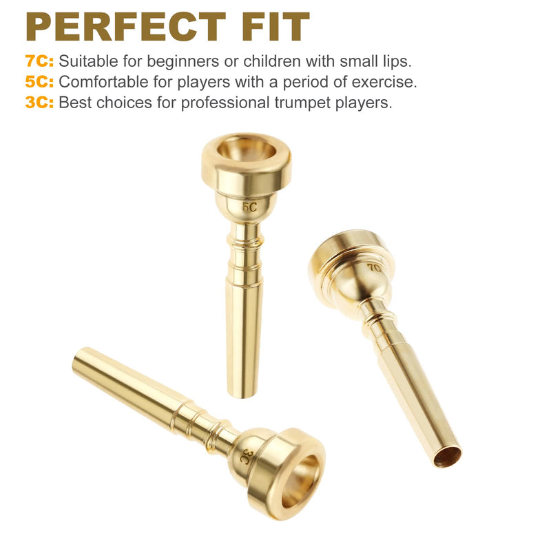 [AUSTRALIA] - 3 Pack Trumpet Mouthpiece 7C 5C 3C Trumpet Mouthpiece Set Compatible with Yamaha Bach Conn King Standard Trumpets for Beginners and Professional Players, Gold 