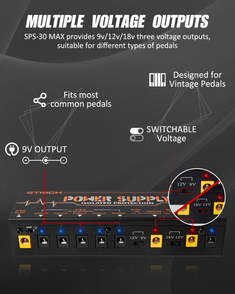 [AUSTRALIA] - STRICH Guitar Pedal High Power Supply, Pedalboard Power Supply with 8 Totally True Isolated DC 9V/12V/18V Outputs(500mA/1000mA), Power Supply for Power-hungry Effect Pedal, Noiselessly, SPS-30 MAX 